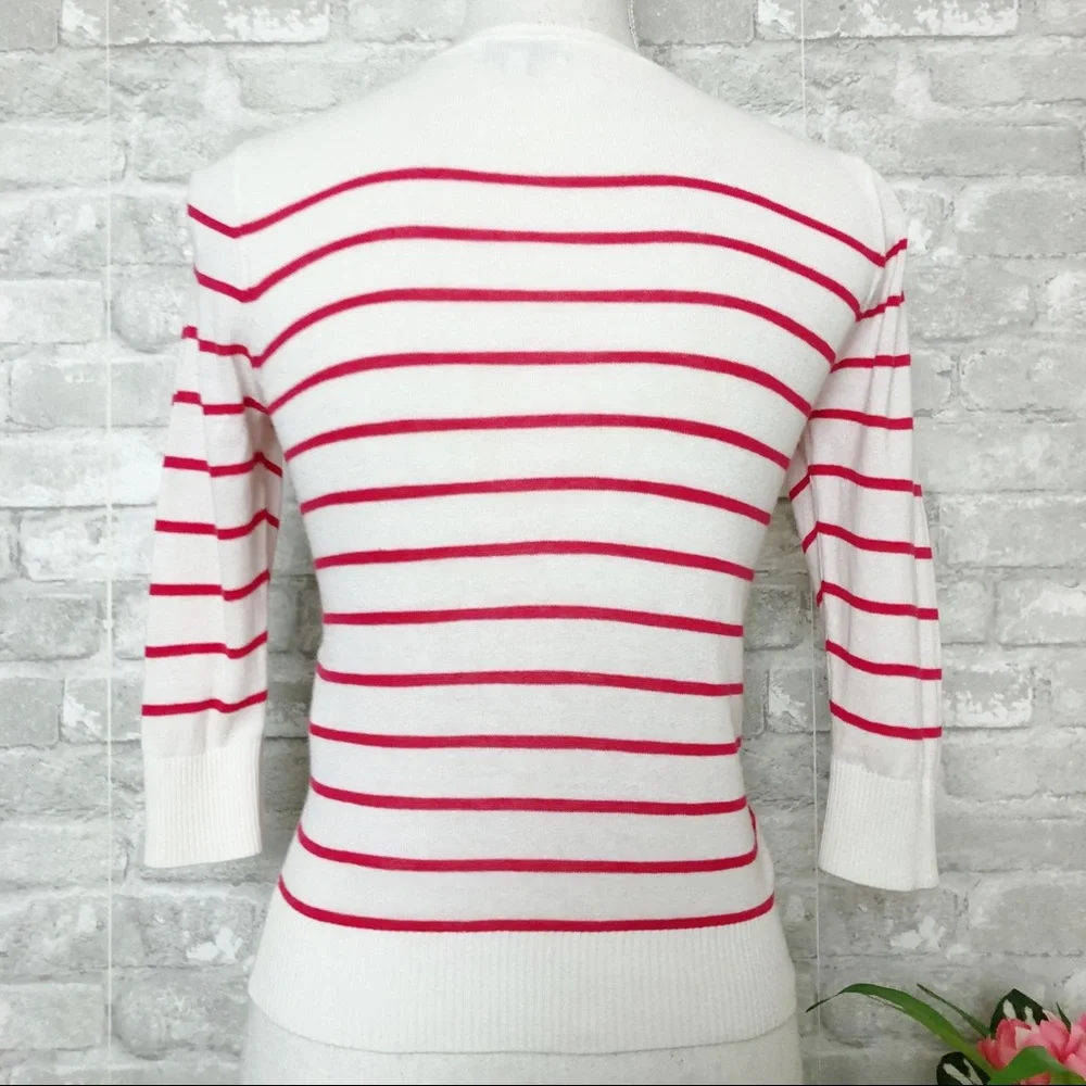 CACHE CACHE White & Red Striped Button Down Quarter Sleeve Cardigan Sweater Sm - Picture 3 of 13